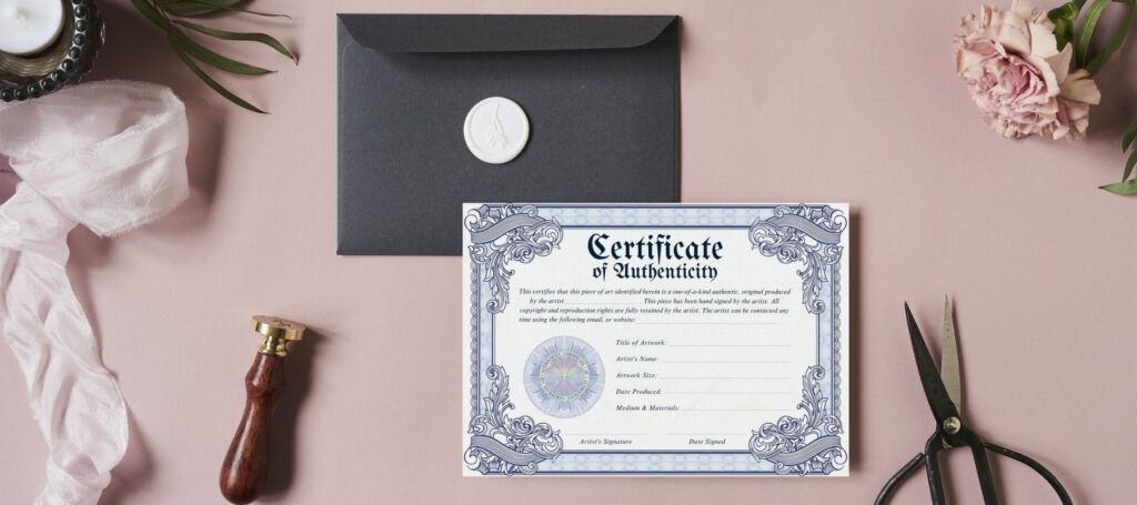 Navy blue certificate of authenticity for artwork on a pink background